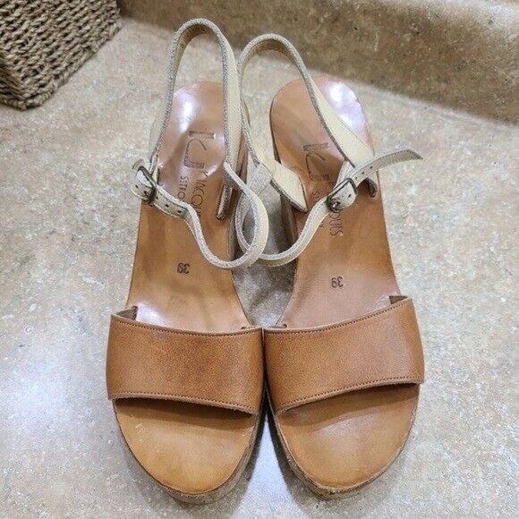 K. Jacques St. Tropez Womens Brown Leather Cork Wedge Sandals 39 Size 7.5 8 - Picture 3 of 11